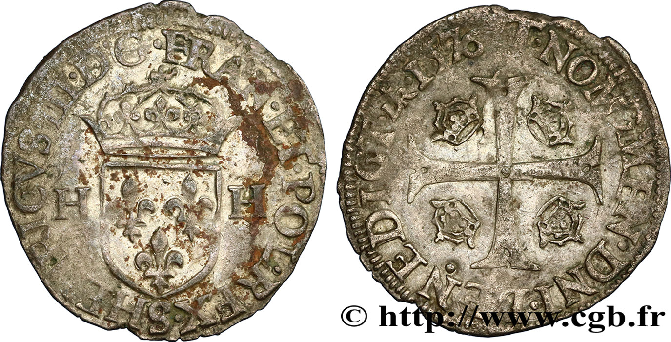 HENRY III Douzain aux deux H, 1er type 1576 Troyes XF