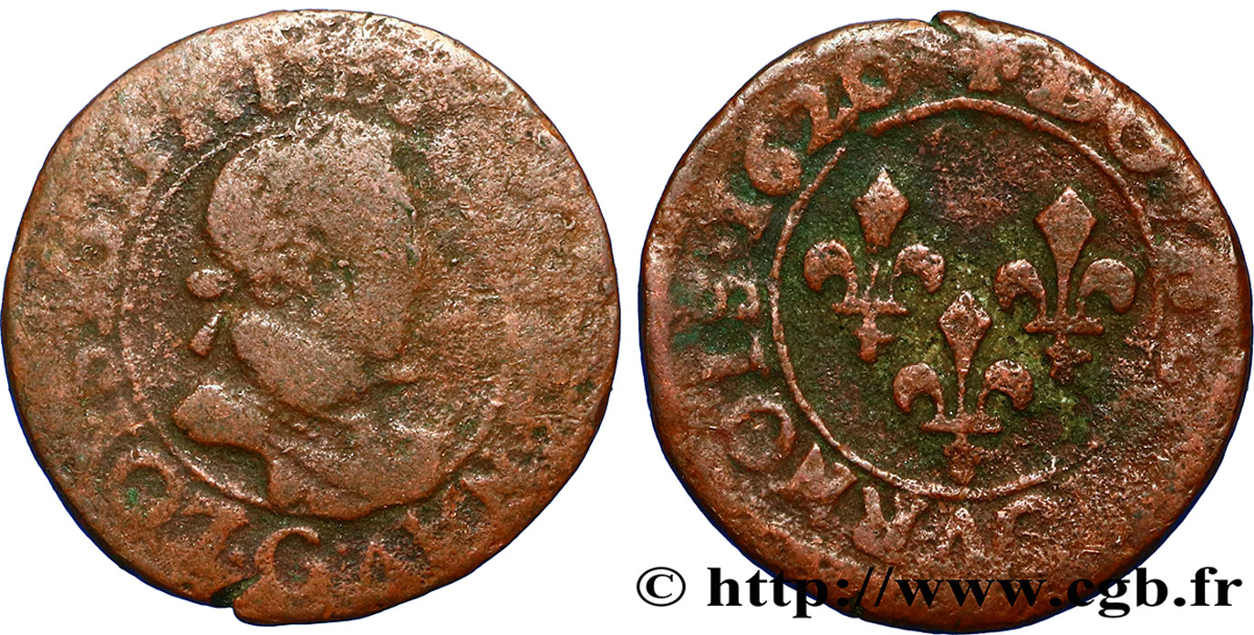 LOUIS XIII LE JUSTE Double tournois, type 2 de Poitiers 1620 Poitiers B+