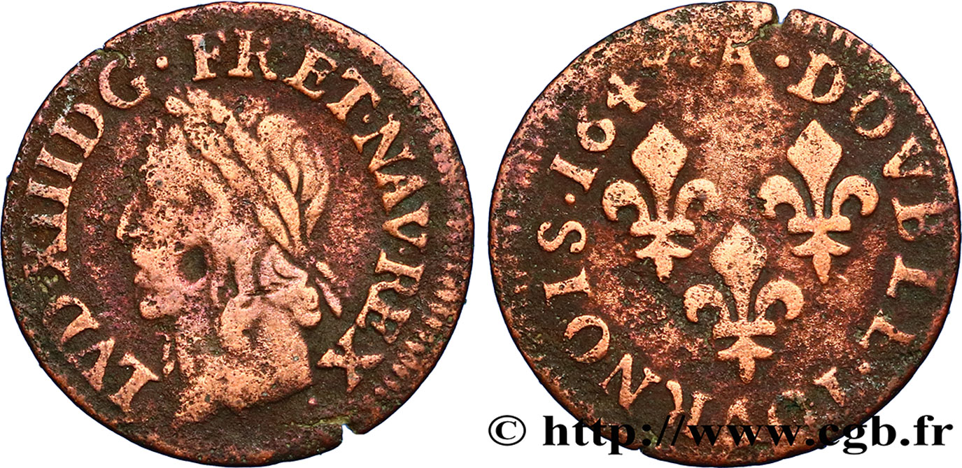 LOUIS XIII LE JUSTE Double tournois, type de Warin 1643 Corbeil TB