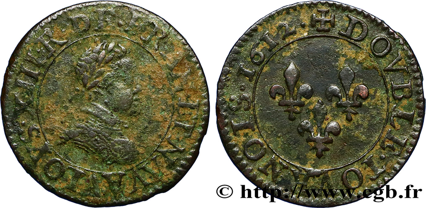 LOUIS XIII LE JUSTE Double tournois, type 1 1612 Paris, Moulin du Louvre TB+/TTB
