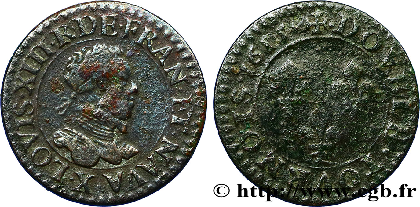 LOUIS XIII LE JUSTE Double tournois, type 2 1615 Amiens TB+