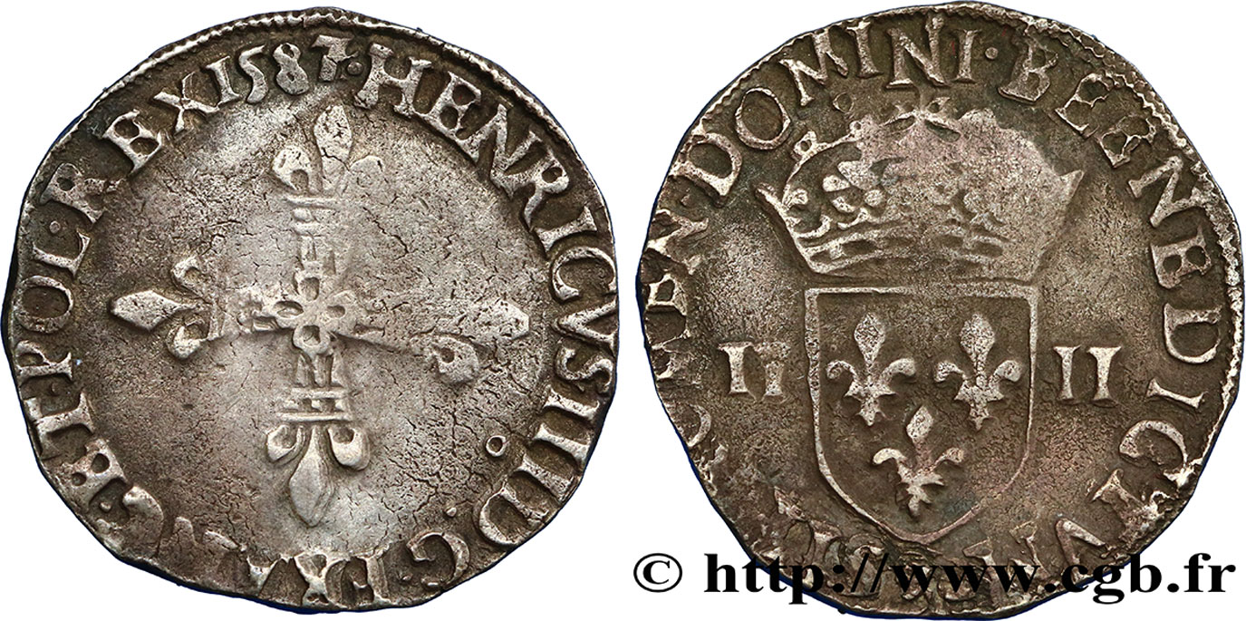 HENRI III Quart d écu, croix de face 1587 Rennes TB+