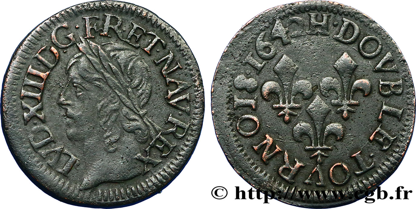 LOUIS XIII LE JUSTE Double tournois, type de Warin 1642 La Rochelle TTB