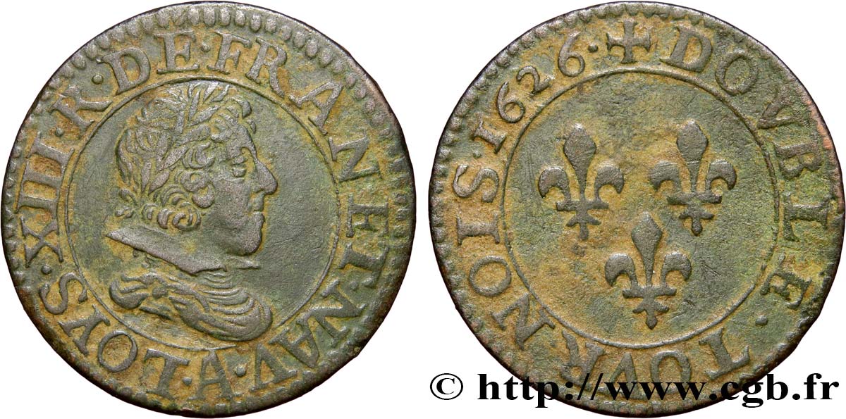 LOUIS XIII LE JUSTE Double tournois, 3e type 1626 Paris TTB