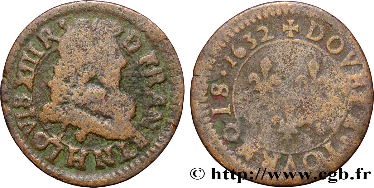 LOUIS XIII LE JUSTE Double tournois, type 1 1632 La Rochelle TB