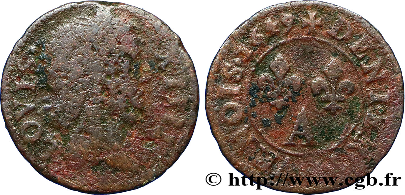 LOUIS XIV LE GRAND OU LE ROI SOLEIL Denier tournois 1649 Paris, Moulin du Louvre B/TB