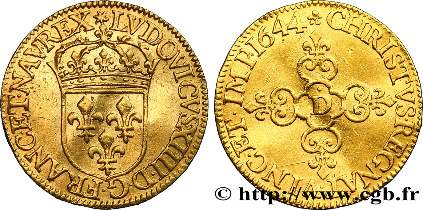 LOUIS XIV LE GRAND OU LE ROI SOLEIL Écu d or au soleil, à la croix anillée fleurdelisée 1644 Lyon SUP