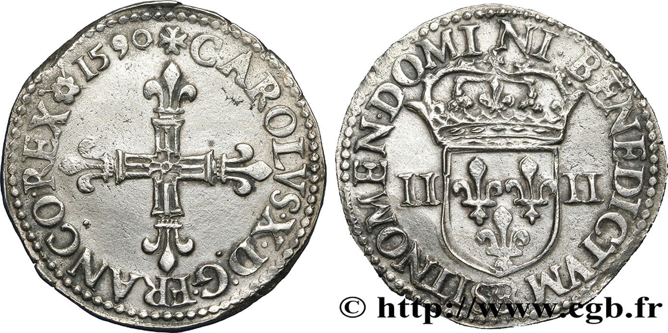 CHARLES X, CARDINAL DE BOURBON Quart d écu, croix de face 1590 Rouen TTB+