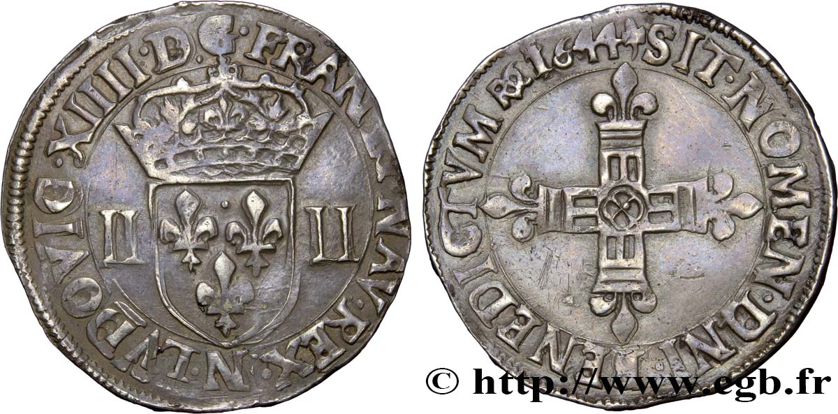 LOUIS XIV  THE SUN KING  Quart d écu, titulature côté écu 1644 Montpellier XF/AU