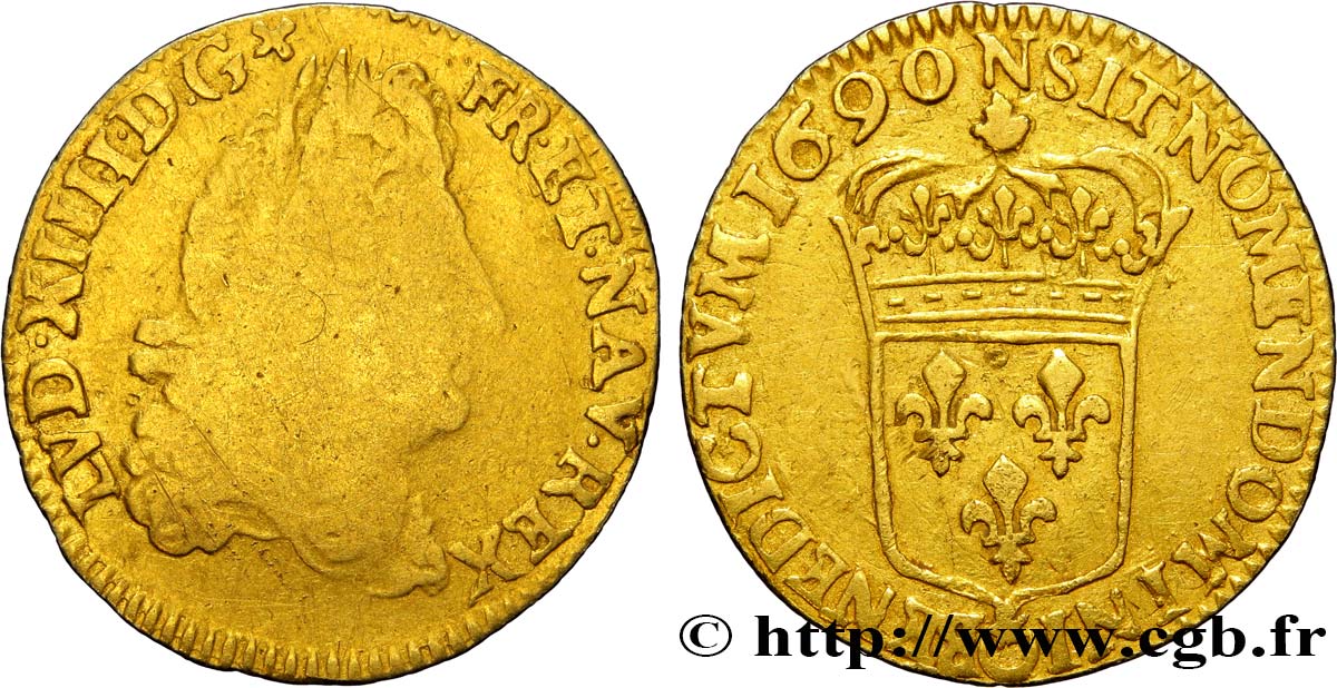 LOUIS XIV  THE SUN KING  Demi-louis d or à l écu 1690 Montpellier q.MB/q.BB