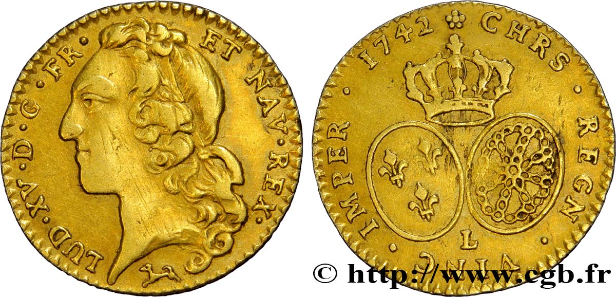 LOUIS XV  THE WELL-BELOVED  Demi-louis d’or aux écus ovales, tête ceinte d’un bandeau 1742 Bayonne BB