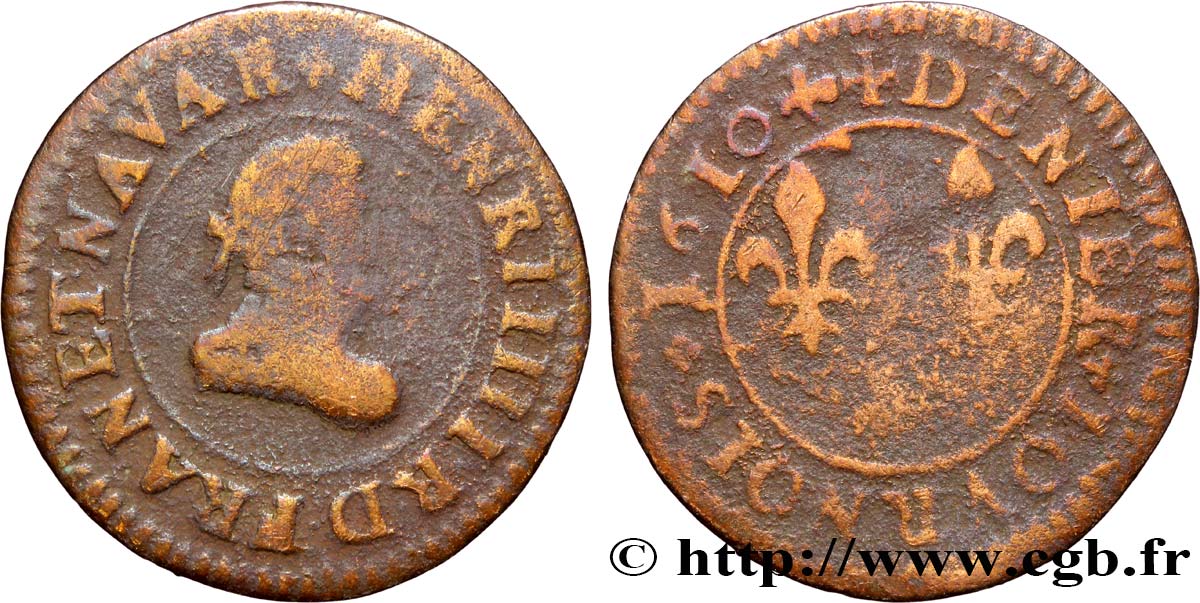 HENRI IV LE GRAND Denier tournois, type A 1610 Lyon TB