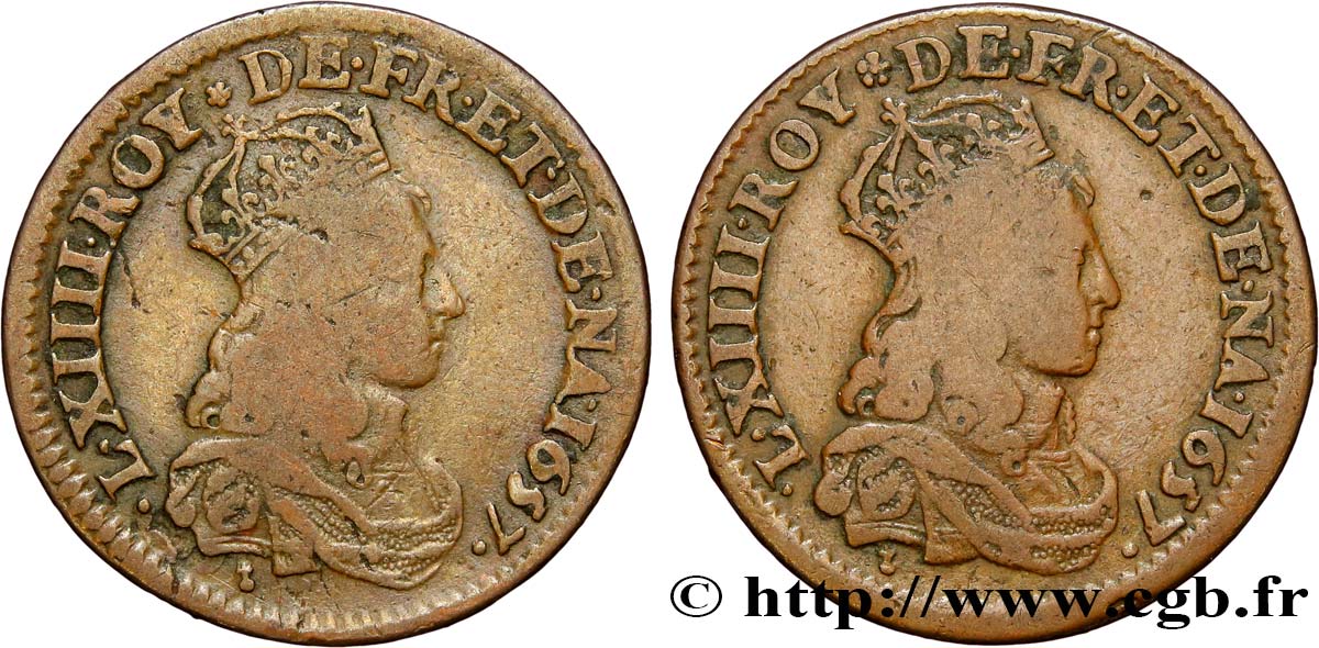 LOUIS XIV  THE SUN KING  Double avers du liard de cuivre 1657 s.l. q.BB