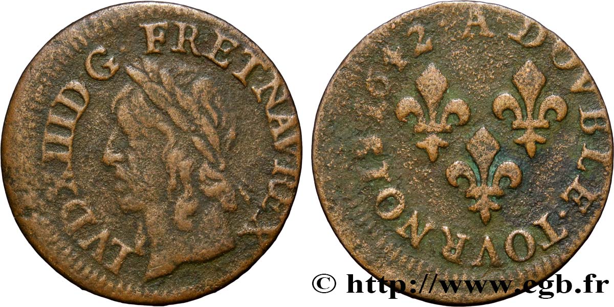 LOUIS XIII LE JUSTE Double tournois, type de Warin 1642 Corbeil TTB