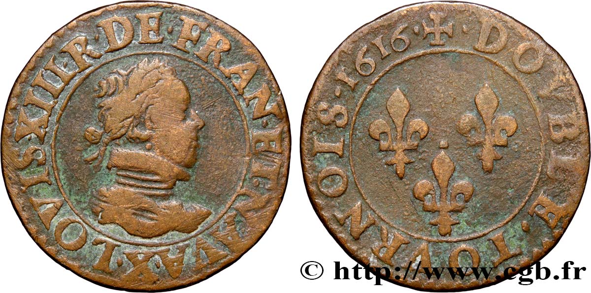 LOUIS XIII LE JUSTE Double tournois, buste enfantin d&nbsp;Amiens, (3e portrait) 1616 Amiens TB