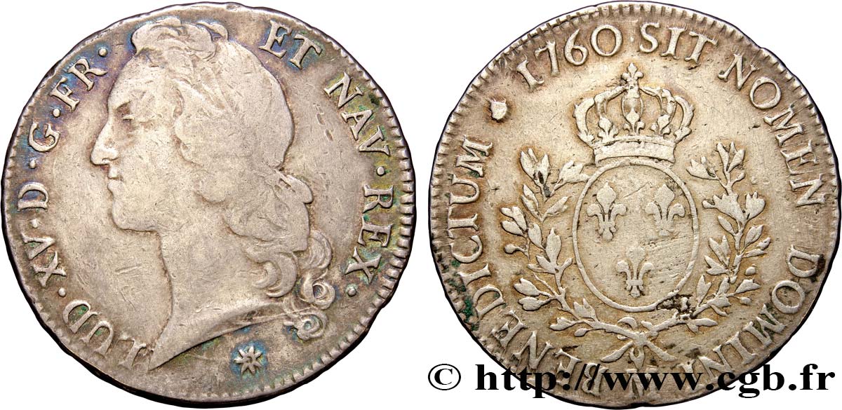 LOUIS XV DIT LE BIEN AIMÉ Écu aux branches d’olivier, tête ceinte d’un bandeau 1760 Toulouse TB+