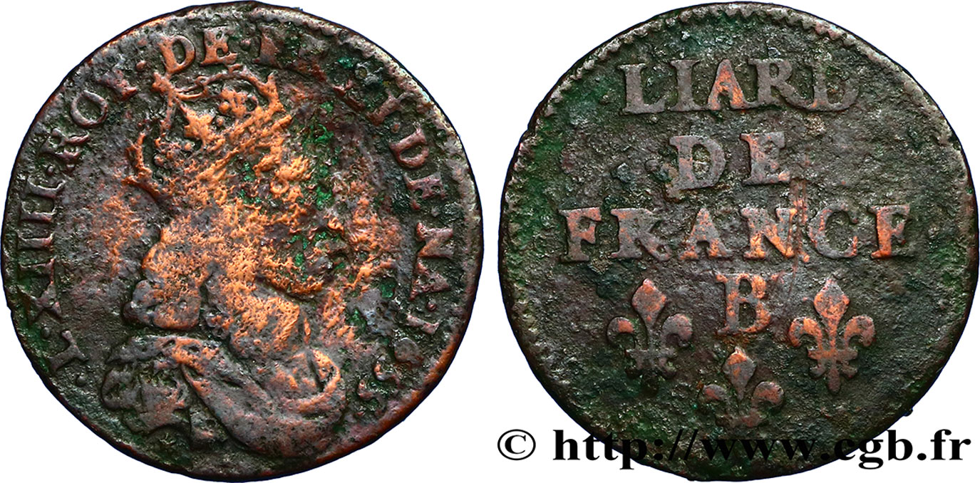 LOUIS XIV LE GRAND OU LE ROI SOLEIL Liard de cuivre, 2e type 1655 Pont-de-l’Arche B+/TB