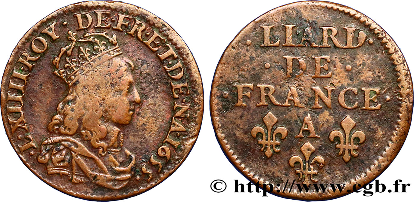 LOUIS XIV LE GRAND OU LE ROI SOLEIL Liard de cuivre, 2e type 1655 Corbeil TB+