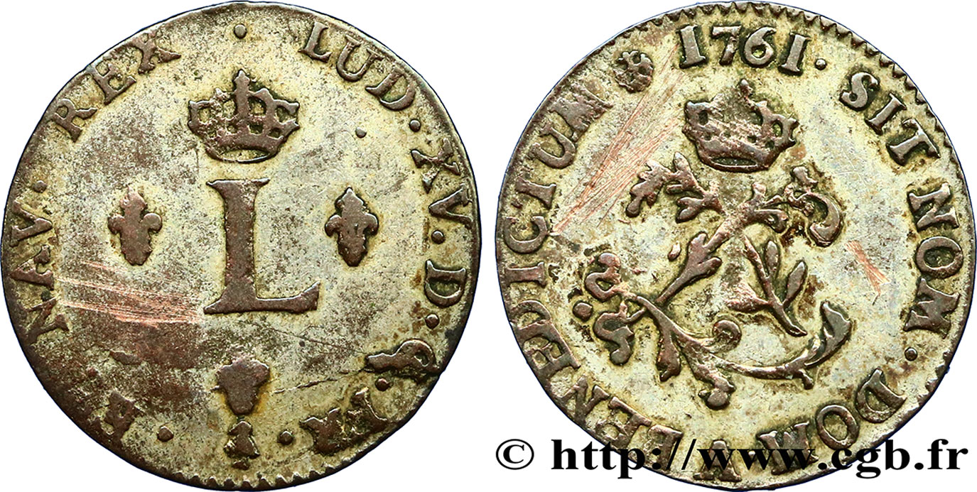 LOUIS XV DIT LE BIEN AIMÉ Double sol de billon 1761 Paris TB+