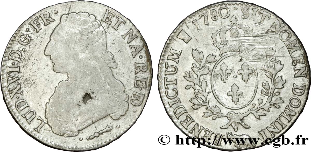 LOUIS XVI Écu aux branches d olivier 1780 Pau TB+/TTB