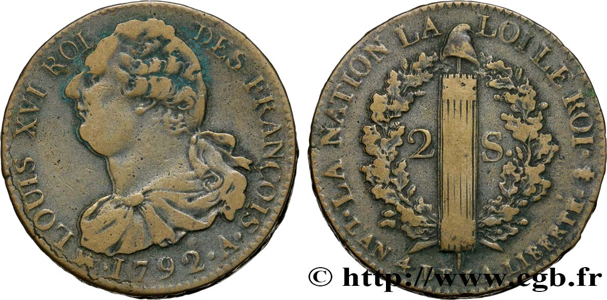 LOUIS XVI 2 sols dit  au faisceau , type FRANÇOIS 1792 Paris S