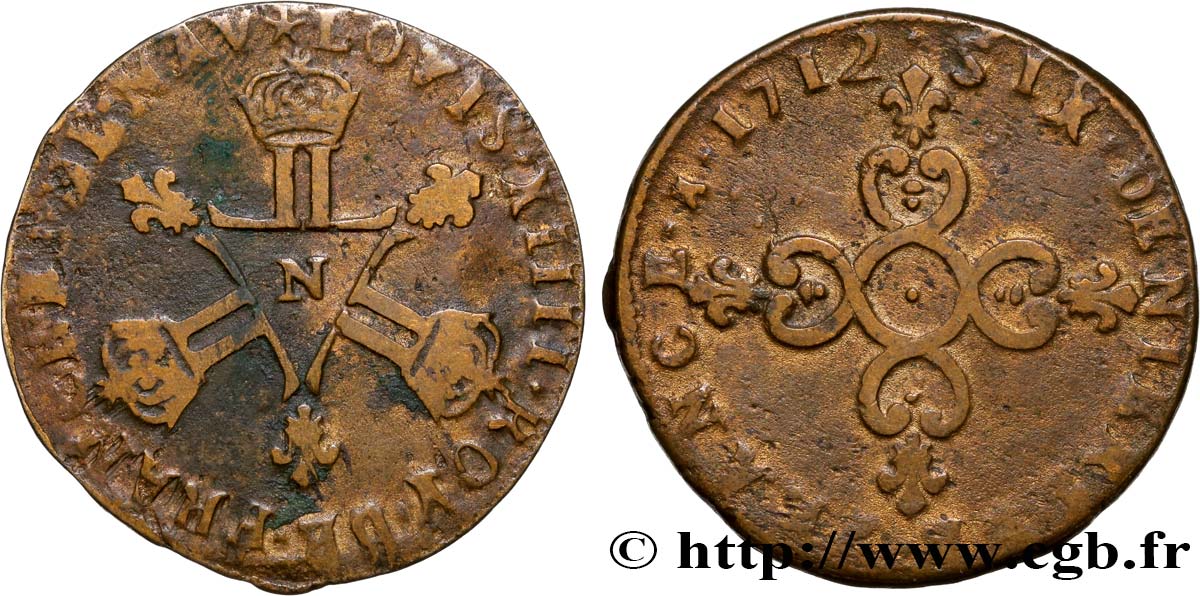 LOUIS XIV LE GRAND OU LE ROI SOLEIL Six deniers dits  Dardenne  1712 Montpellier TB+