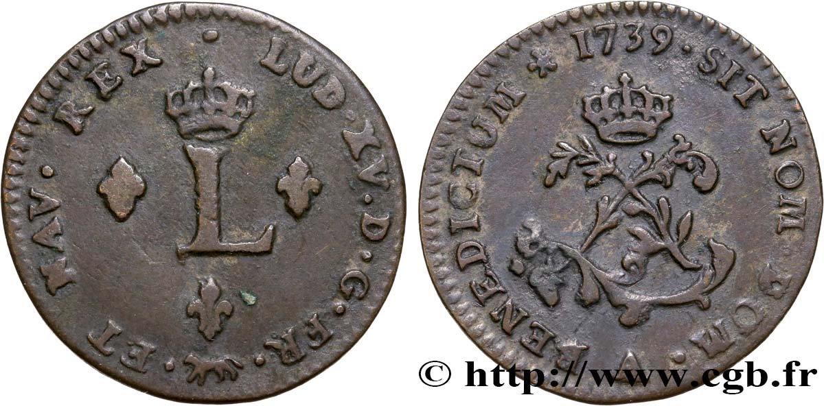 LOUIS XV DIT LE BIEN AIMÉ Double sol de billon 1739 Paris TB+