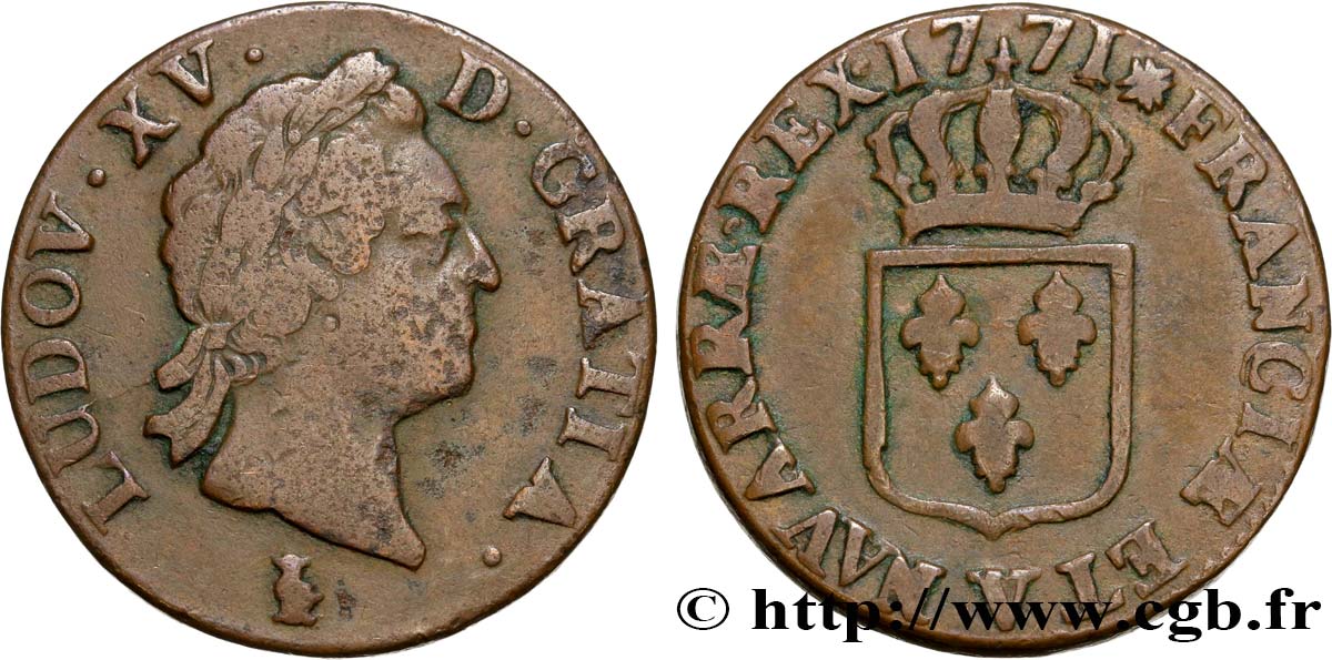 LOUIS XV DIT LE BIEN AIMÉ Sol dit “à la vieille tête” 1771 Troyes TB+