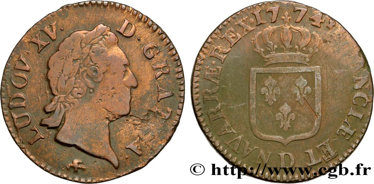LOUIS XV DIT LE BIEN AIMÉ Sol dit &nbsp;à la vieille tête&nbsp; 1774 Lyon TB+