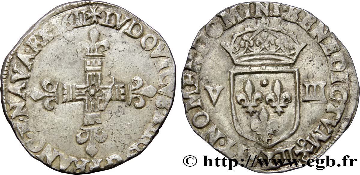 LOUIS XIII Huitième d écu, à la croix fleurdelisée, titulature côté croix 1611 Bayonne XF