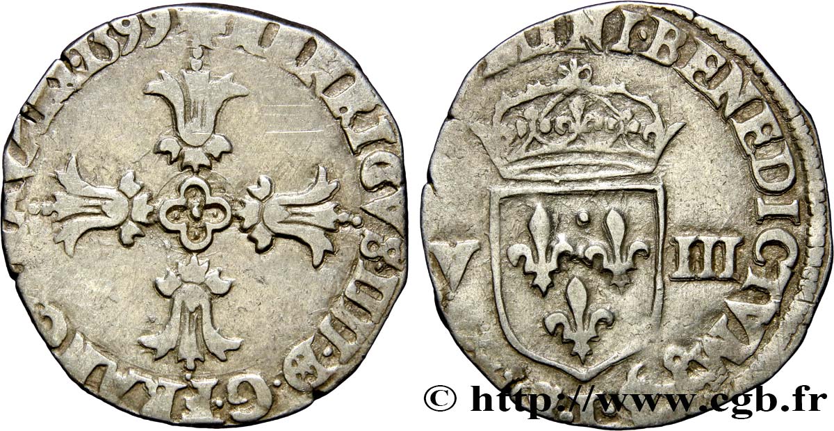 HENRI IV LE GRAND Huitième d écu, croix feuillue de face 1599 Bayonne TB+