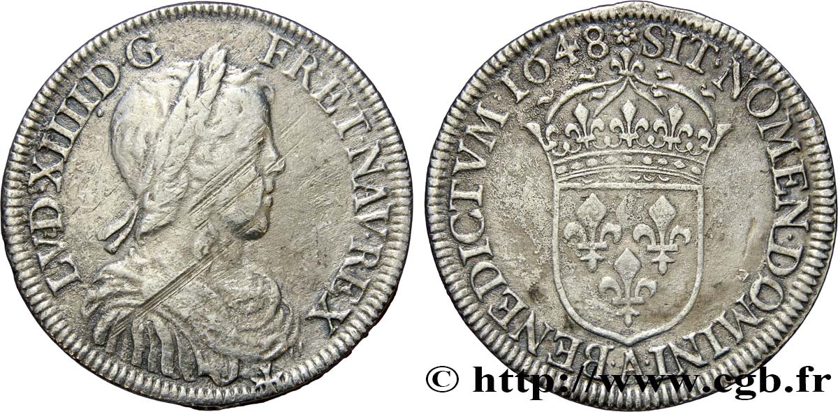 LOUIS XIV LE GRAND OU LE ROI SOLEIL Demi-écu, portrait à la mèche longue 1648 Paris TB+