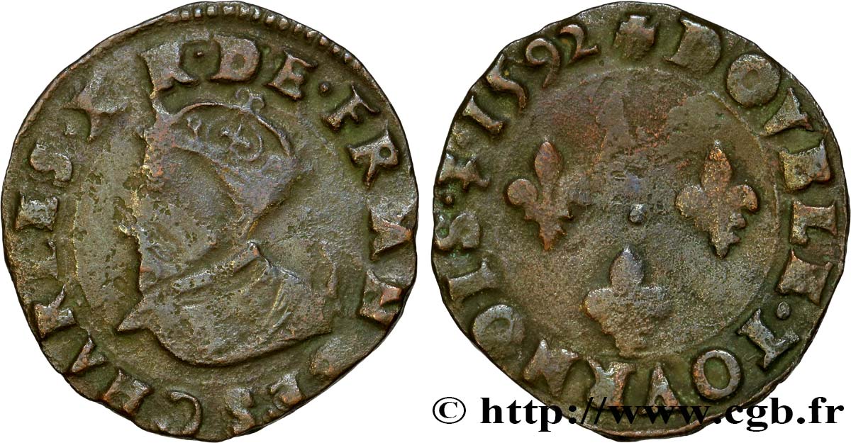 CHARLES X, CARDINAL OF BOURBON Double tournois, type de Troyes 1592 Troyes VF