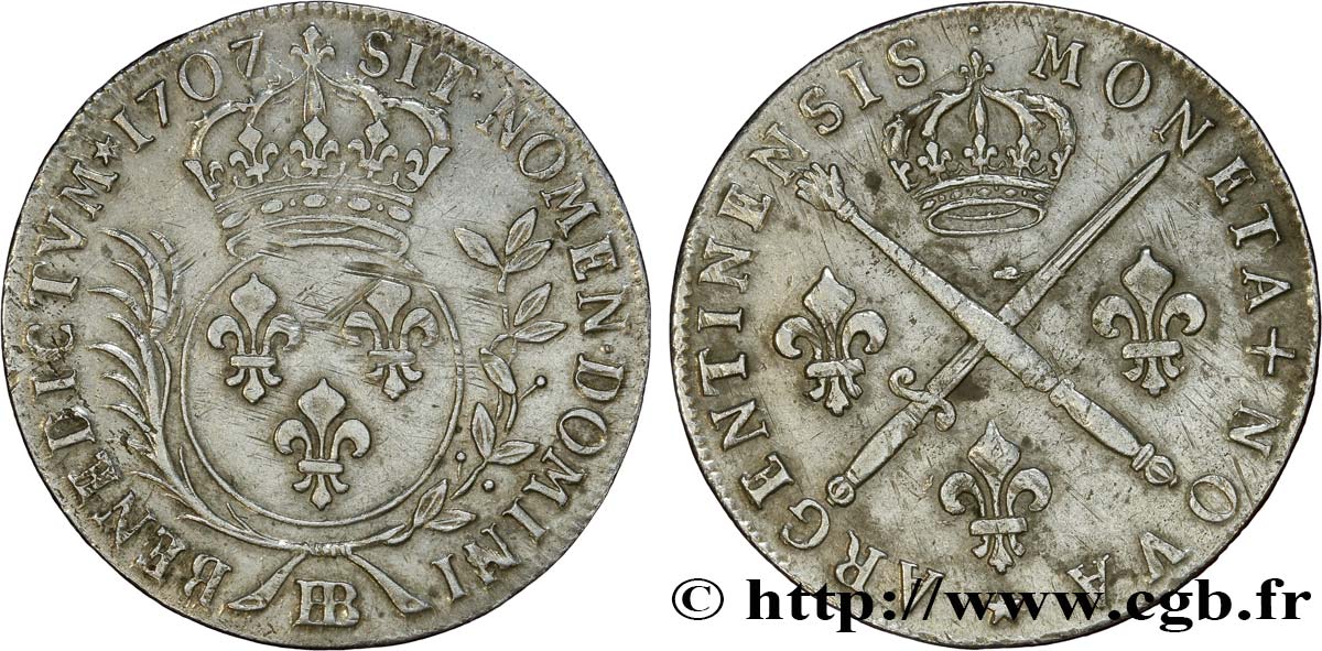 LOUIS XIV  THE SUN KING  Trente-trois sols aux insignes 1707 Strasbourg q.SPL