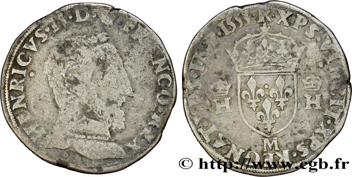 HENRI II Teston à la tête nue, 5e type 1553 Toulouse TB+