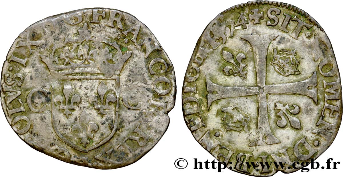 CHARLES IX Douzain aux deux C, 1er type 1574 Troyes TB+