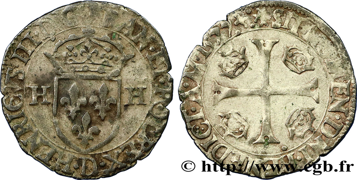 HENRY III Douzain aux deux H, 1er type 1577 Lyon XF