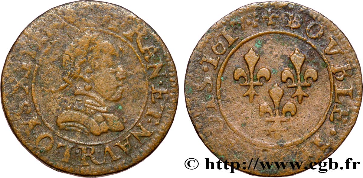 LOUIS XIII Double tournois, buste adolescent, type 1 1617 Saint-André de Villeneuve-lès-Avignon VF