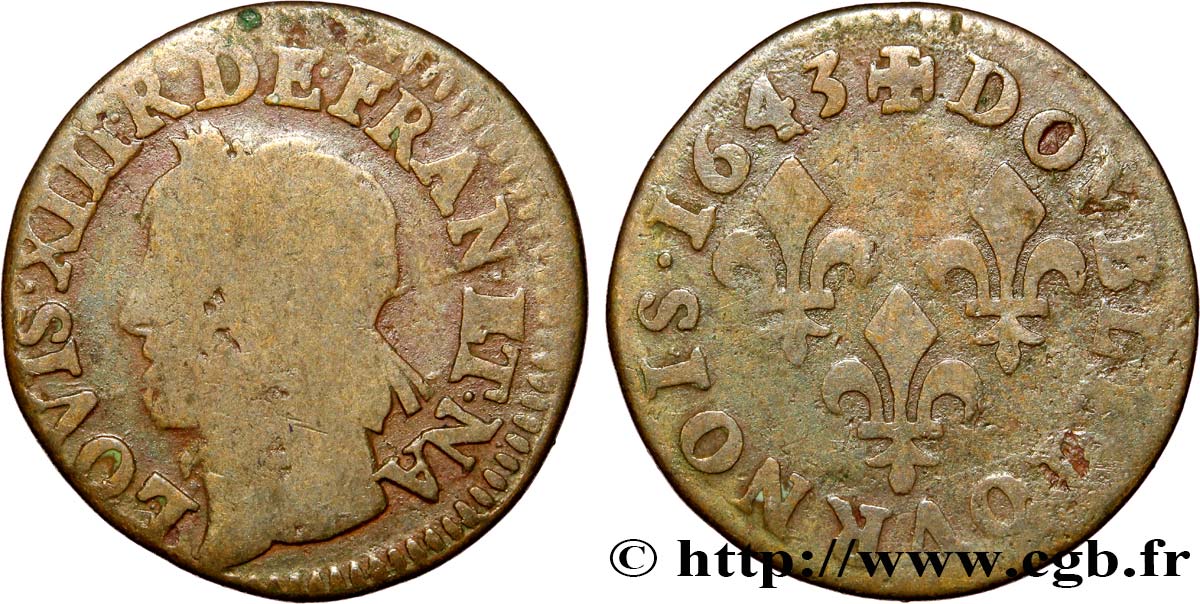 LOUIS XIII LE JUSTE Double tournois, type de Warin, légende française 1643  B/B+