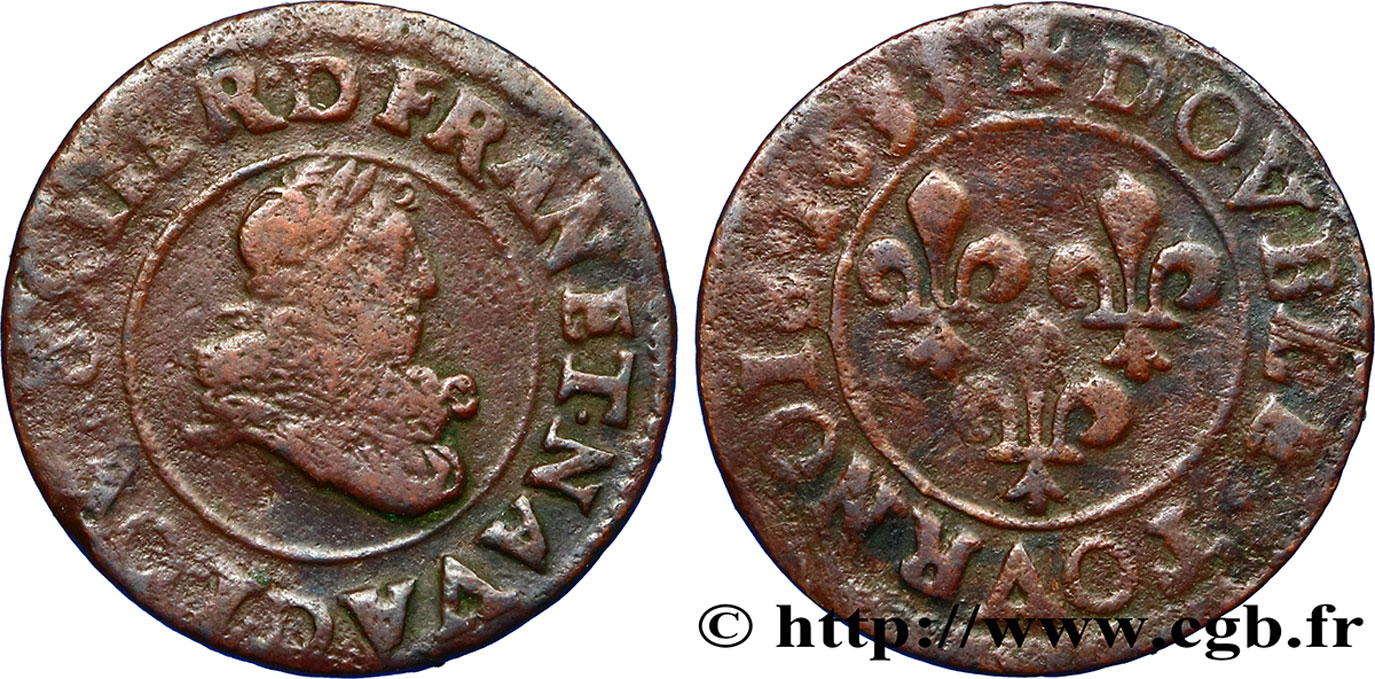 LOUIS XIII  Double tournois, type 8 1633 Lyon VF