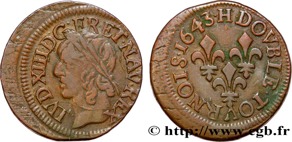 LOUIS XIII LE JUSTE Double tournois, type de Warin 1643 La Rochelle TTB