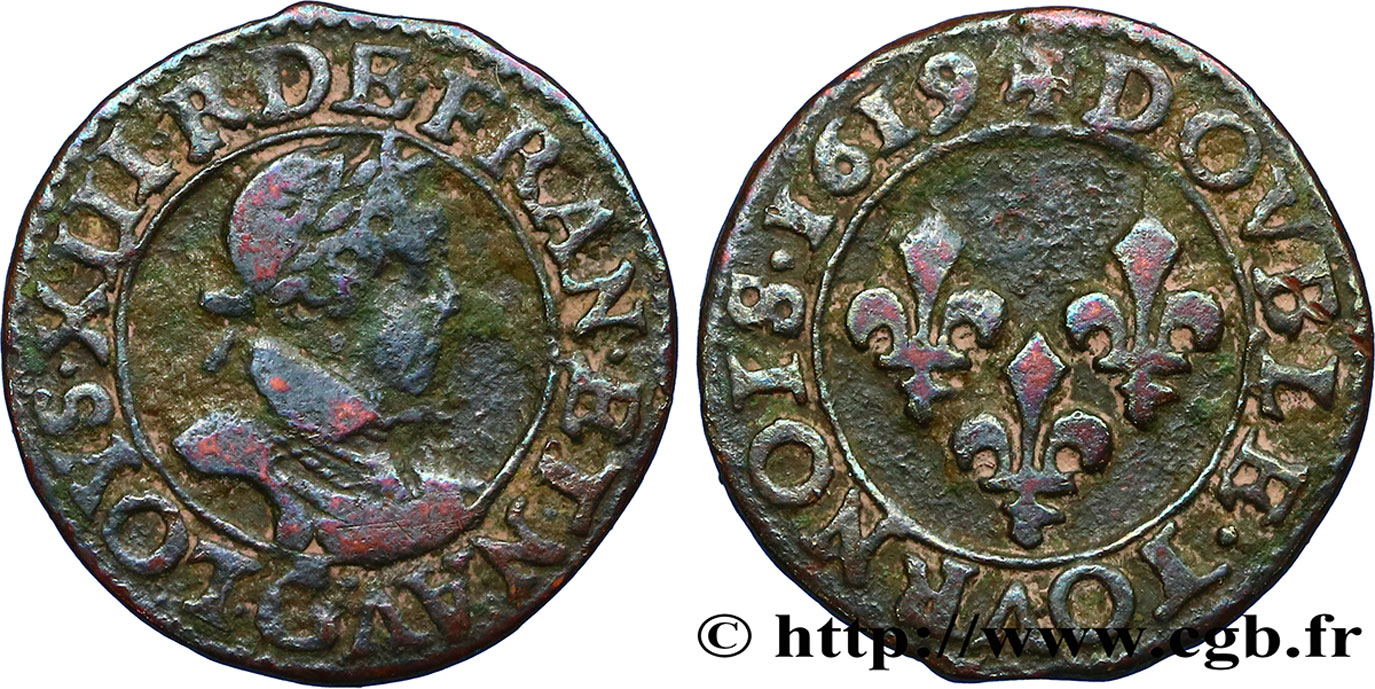 LOUIS XIII LE JUSTE Double tournois, type 2 de Poitiers 1619 Poitiers TB+