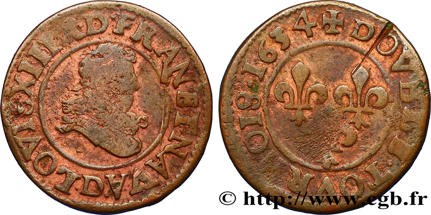 LOUIS XIII  Double tournois, type 8 1634 Lyon VF