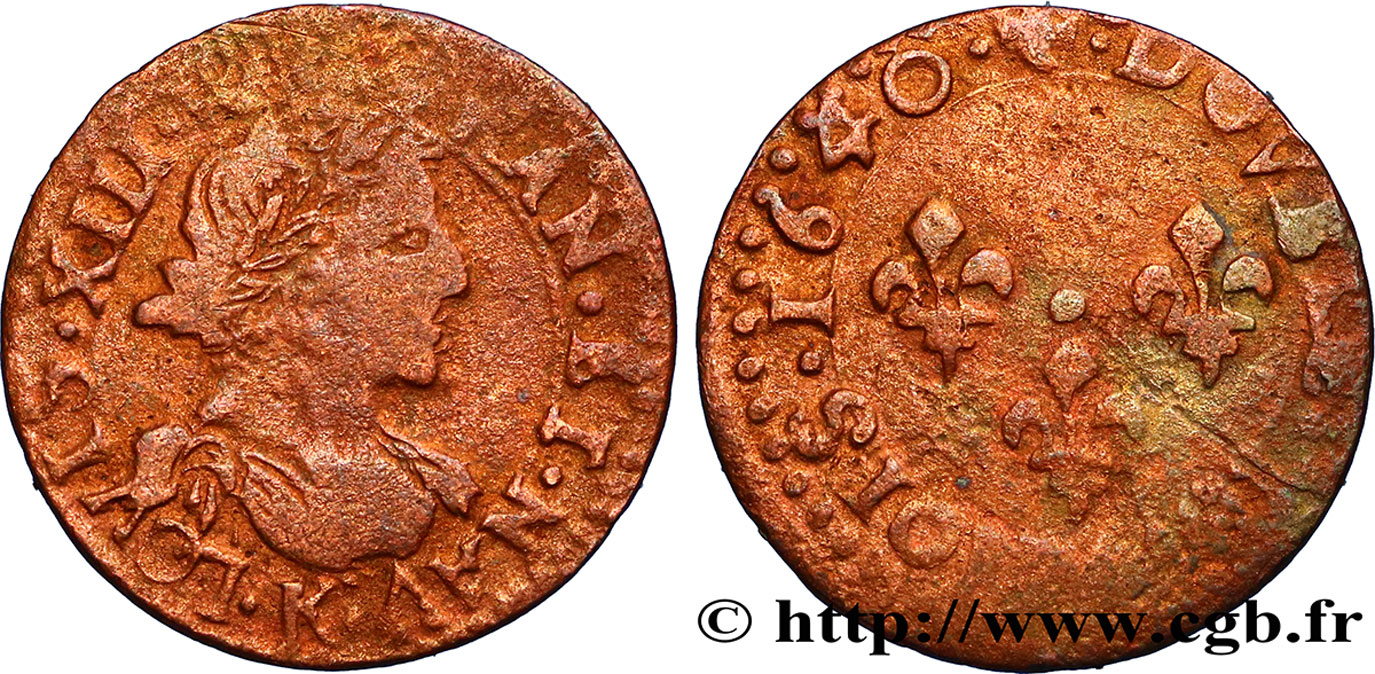 LOUIS XIII  Double tournois, type 14 1640 Bordeaux VF