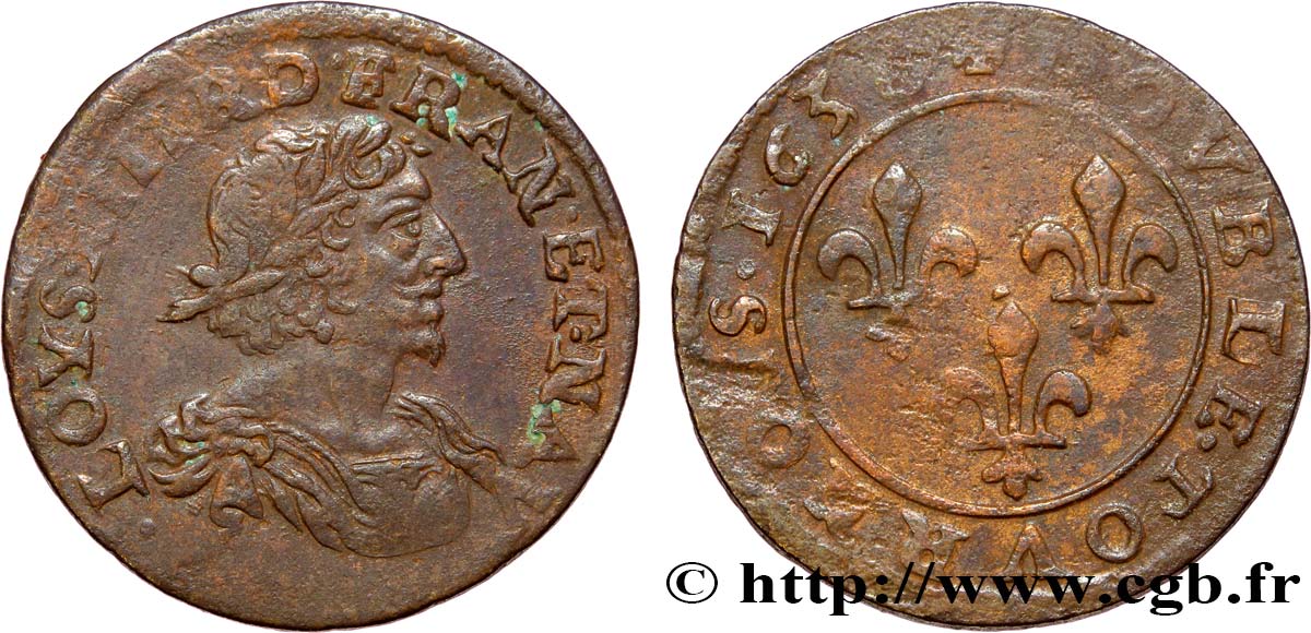 LOUIS XIII LE JUSTE Double tournois au grand buste viril drapé 1638 Vallée du Rhône TB+