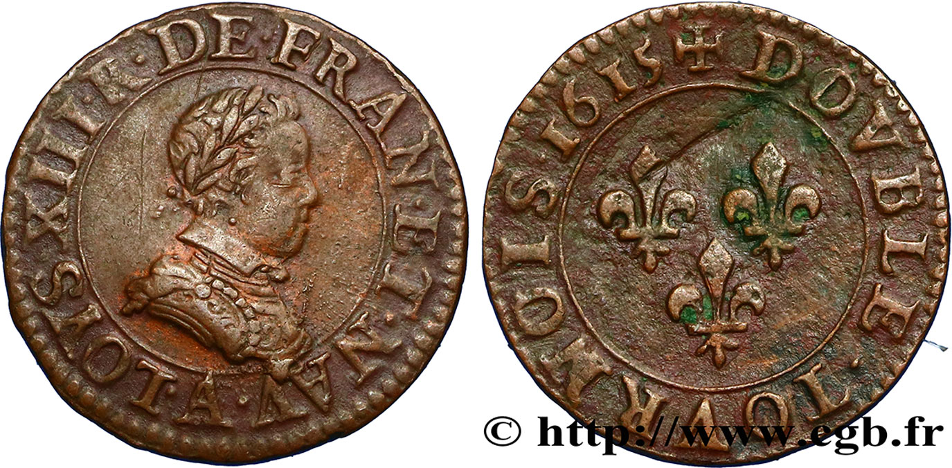 LOUIS XIII  Double tournois, type 1 1615 Paris, Moulin du Louvre XF