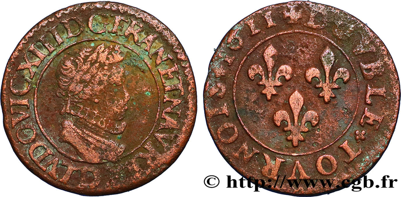 LOUIS XIII  Double tournois au petit buste enfantin col plat, de Lyon 1611 Lyon VF