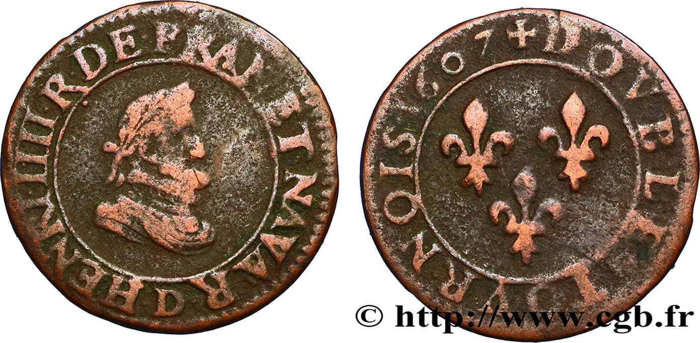 HENRY IV Double tournois, 1er type 1607 Lyon VF