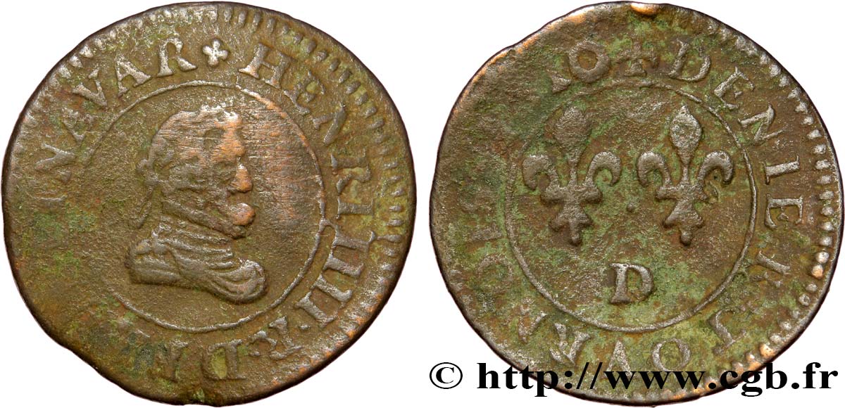 HENRI IV LE GRAND Denier tournois, type A 1610 Lyon TB+