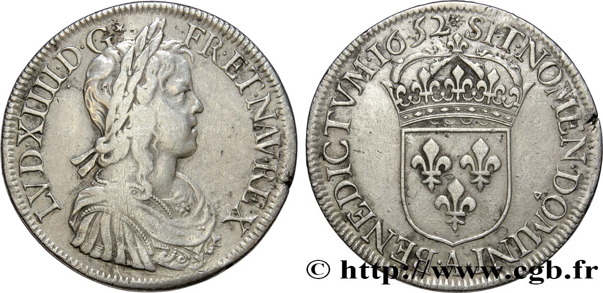 LOUIS XIV LE GRAND OU LE ROI SOLEIL Écu, portrait à la mèche longue 1652 Paris TB+/TTB